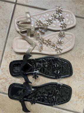 Set of two Women's Floral Embellished Square-Toe Sandals in Black & Nude size 9